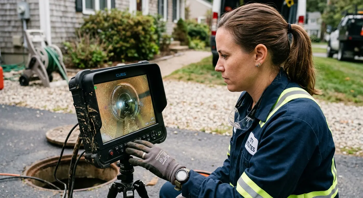 Technician reviewing sewer camera inspection footage in Oakhurst