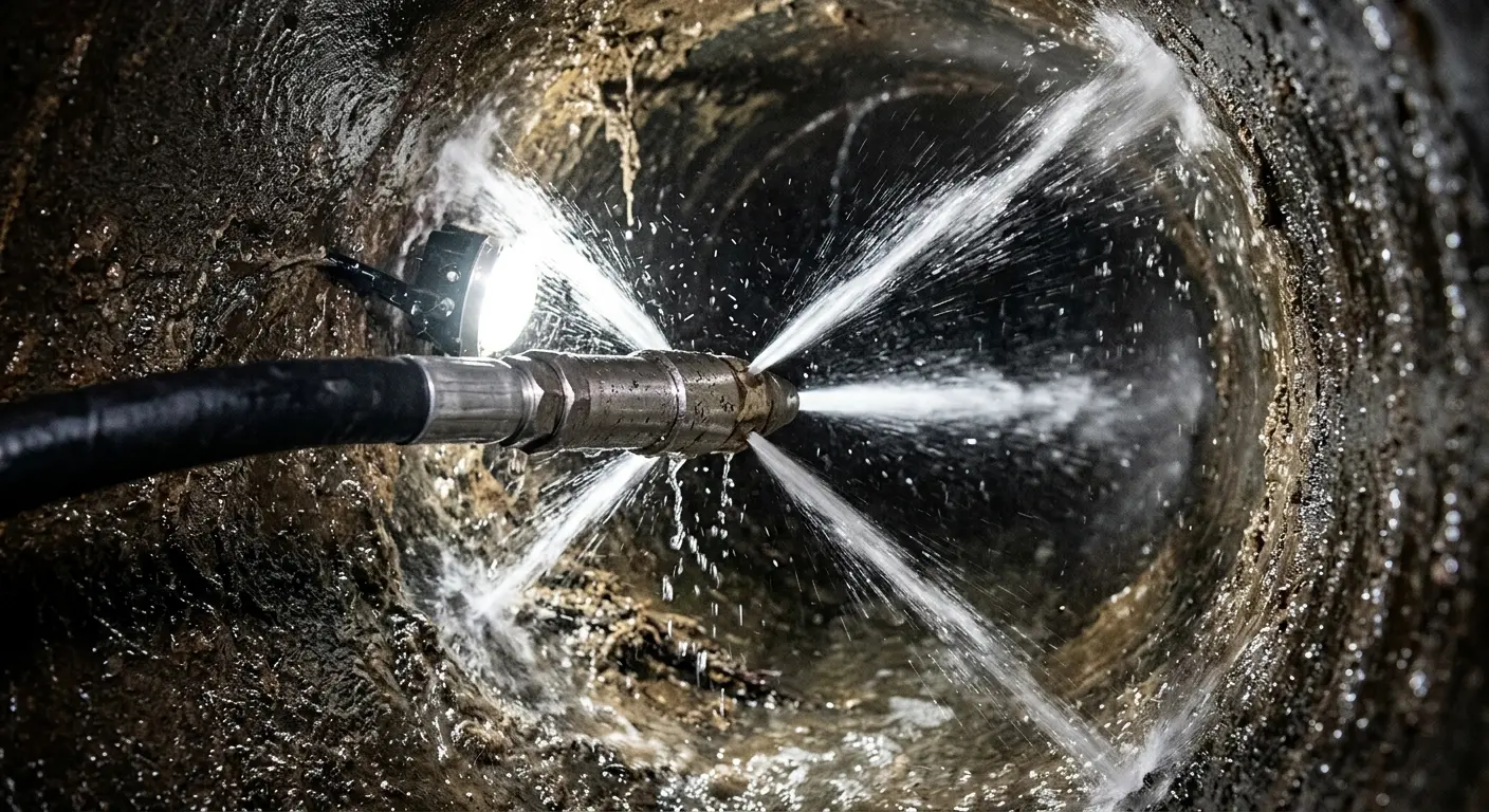High-pressure hydro jetting nozzle cleaning sewer pipe for Storm Drain Cleaning in Oakhurst