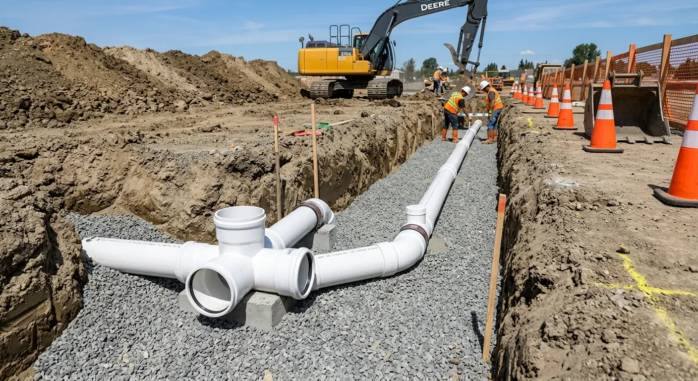 New PVC sewer pipe installation in open trench for Sewer Backup in Oakhurst