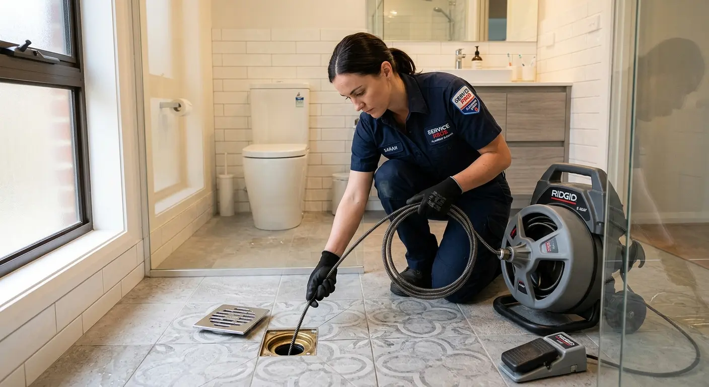 Technician clearing a bathroom floor drain for Sewer Line Replacement in Oakhurst